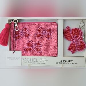 Rachel Zoe Beaded Pink Bow Card Case/Pouch and Keychain Set NWT
